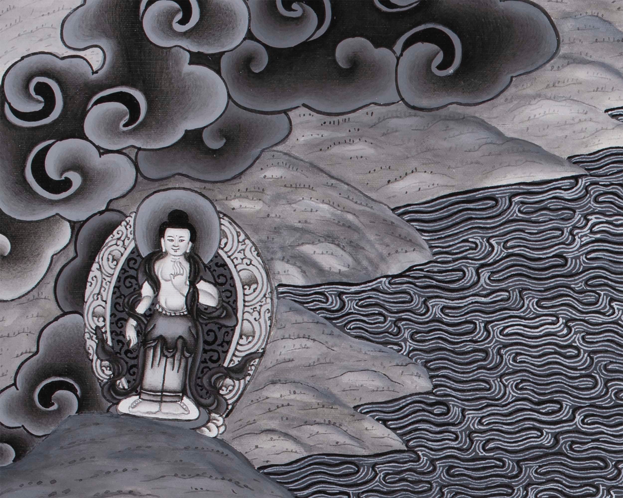 Boddhisattva Manjushree Thangka Creating Kathmandu Valley With The Self Born Light Swayambhu | Newari Style Black And White Wall Deco Art