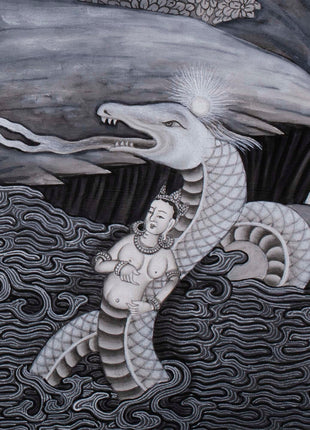 Boddhisattva Manjushree Thangka Creating Kathmandu Valley With The Self Born Light Swayambhu | Newari Style Black And White Wall Deco Art