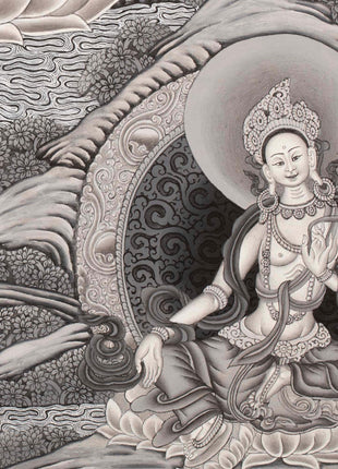 Avalokiteshvara Thangka flanked by Green and White Tara | Original Hand Painted Black & White Newari Style Bodhisattva Thangka