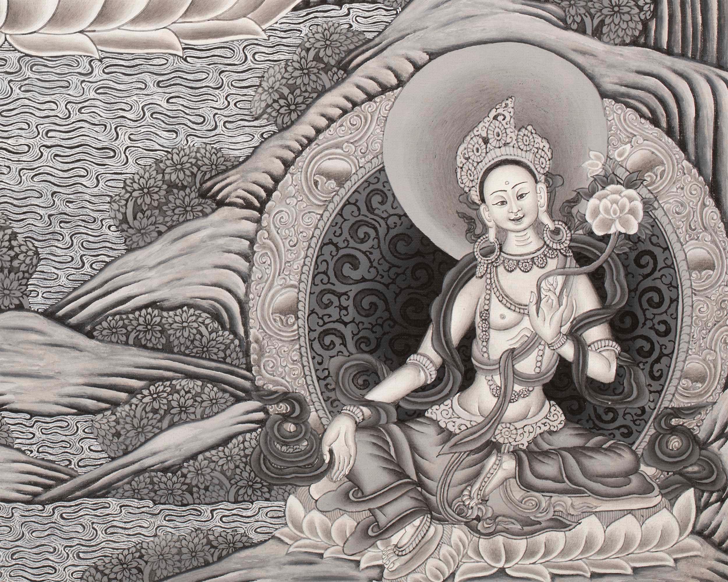 Avalokiteshvara Thangka flanked by Green and White Tara | Original Hand Painted Black & White Newari Style Bodhisattva Thangka