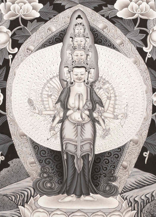 Avalokiteshvara Thangka flanked by Green and White Tara | Original Hand Painted Black & White Newari Style Bodhisattva Thangka