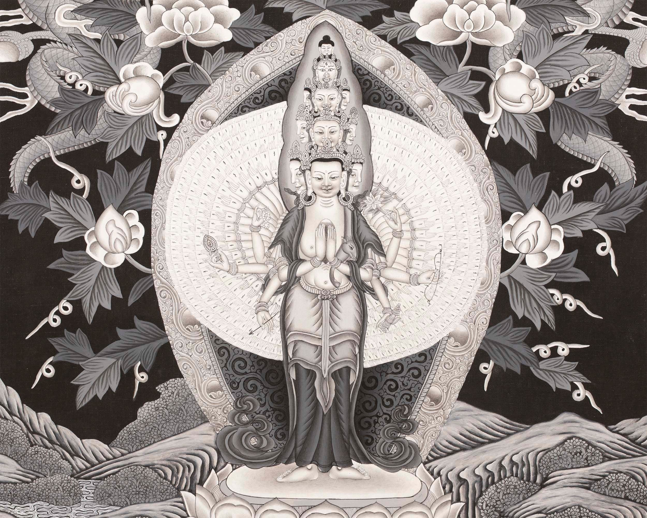 Avalokiteshvara Thangka flanked by Green and White Tara | Original Hand Painted Black & White Newari Style Bodhisattva Thangka