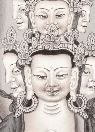 Avalokiteshvara Thangka flanked by Green and White Tara | Original Hand Painted Black & White Newari Style Bodhisattva Thangka