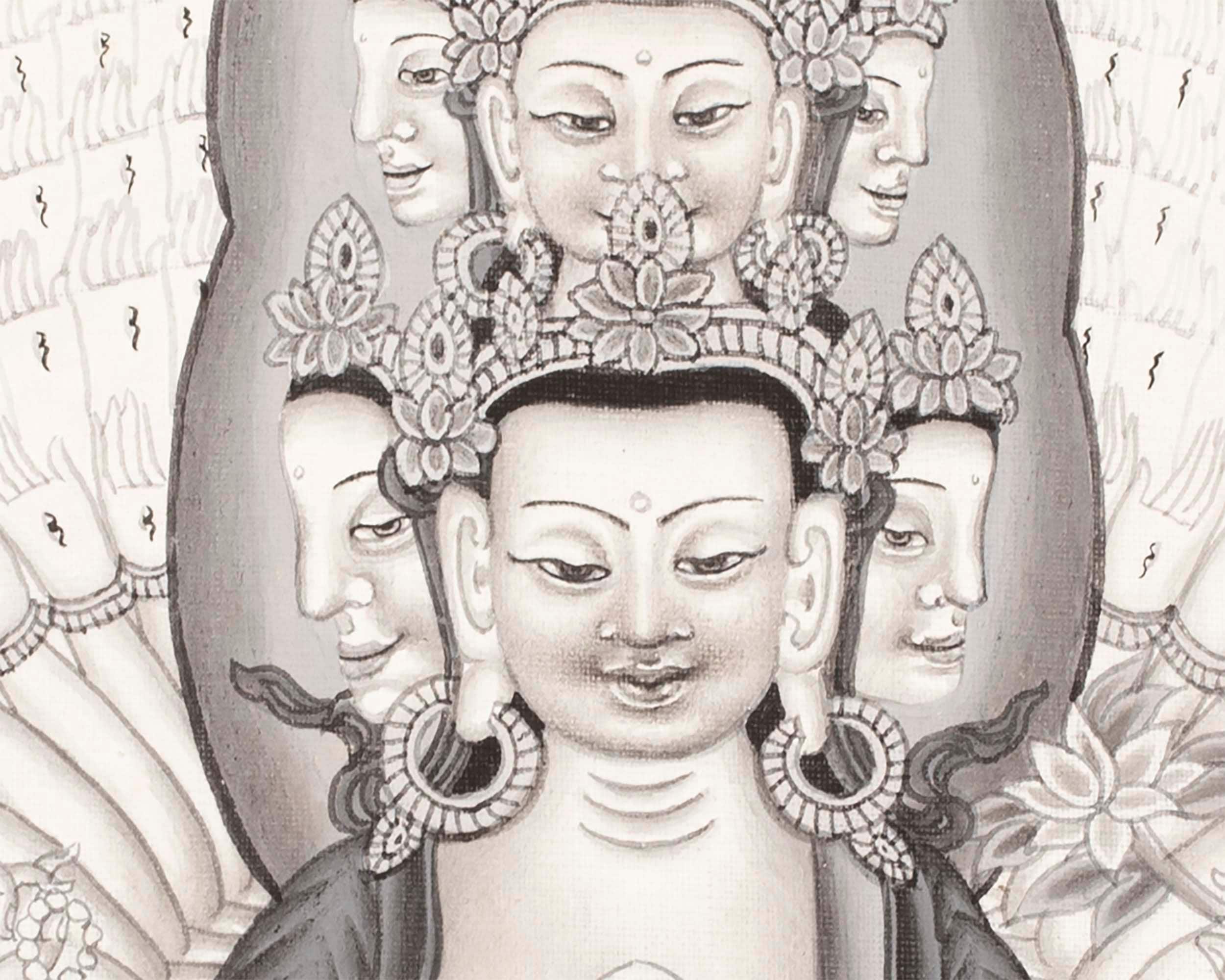Avalokiteshvara Thangka flanked by Green and White Tara | Original Hand Painted Black & White Newari Style Bodhisattva Thangka