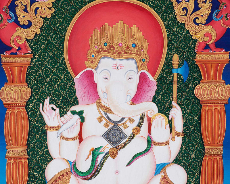 Ganesh Original Hand-Painted Buddhist Thangka Painting | Buddhist and Hindu Deity | Ganesh Wall Hanging Art | Ganapati Baba Moriya