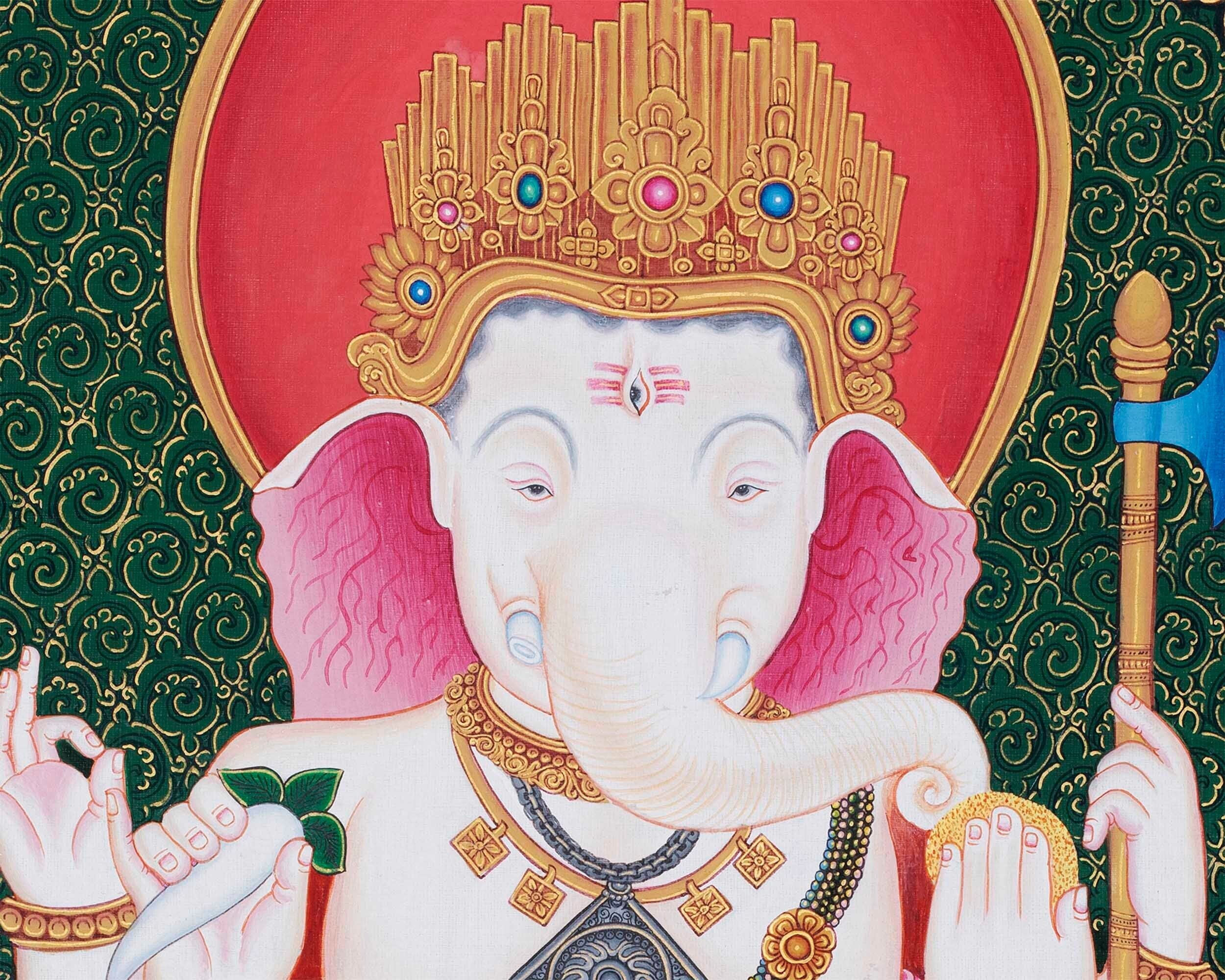 Ganesh Original Hand-Painted Buddhist Thangka Painting | Buddhist and Hindu Deity | Ganesh Wall Hanging Art | Ganapati Baba Moriya
