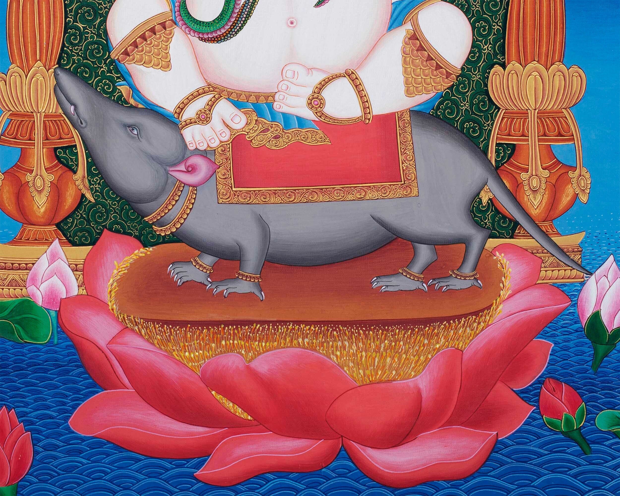 Ganesh Original Hand-Painted Buddhist Thangka Painting | Buddhist and Hindu Deity | Ganesh Wall Hanging Art | Ganapati Baba Moriya