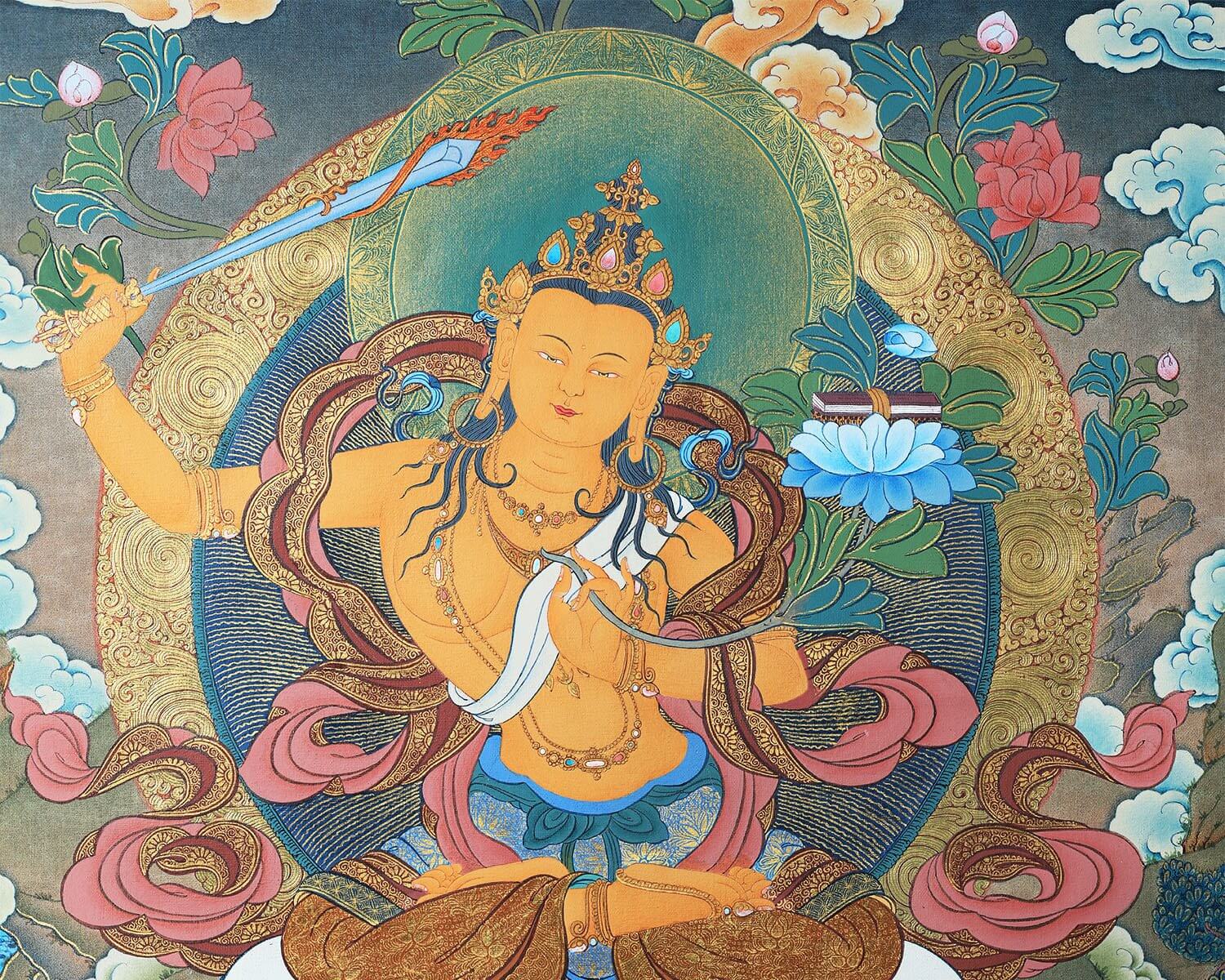 Manjushree Bodhisattva Thangka | Tibetan Art | Hand Painted With 24K G