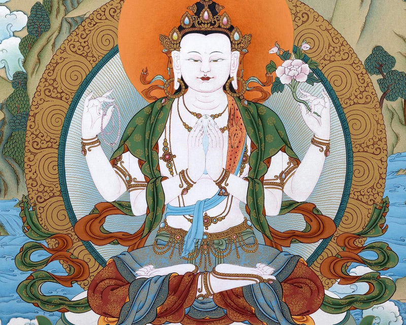 Avalokiteshvara, Chenrezig Bodhisattva Thangka Painting, Tibetan Vajrayana Painting