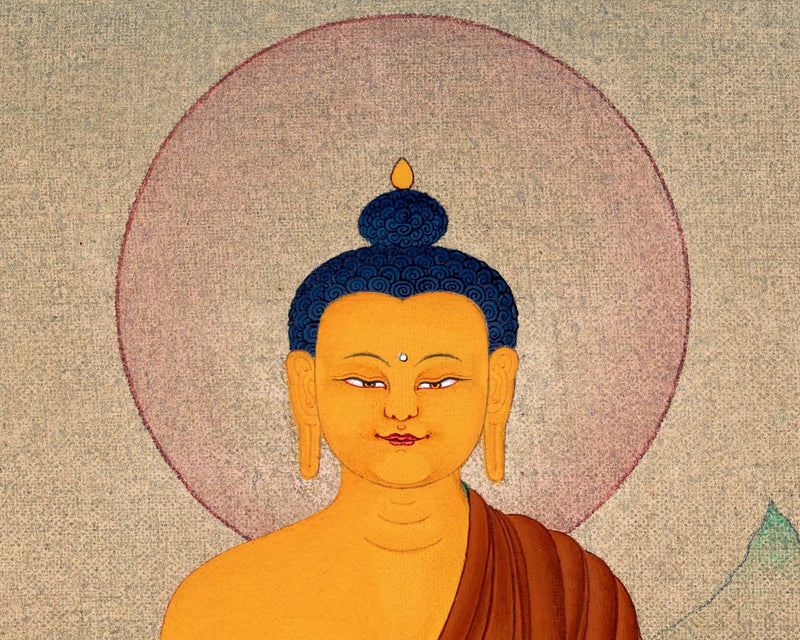 Buddha Shakyamuni Thangka, Hand Painted Tibetan Buddha Painting in Stone colors & 24K Gold, Karma gadri