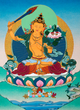 Manjushree Art Brocade | Wisdom Bodhisattva Thangka |  Himalayan Buddhist Wall Painting