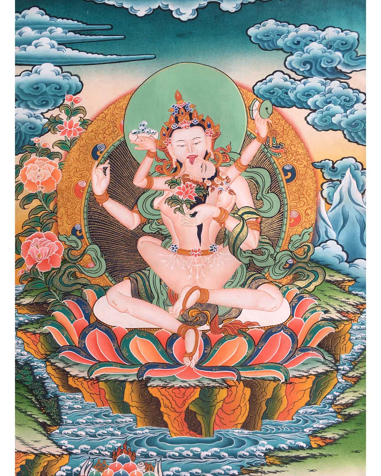 Sambhogakaya Yab Yum Thangka | Tibetan Thangka Painting for Wall Hanging