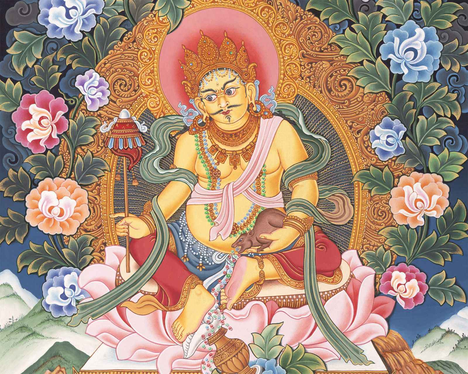 Kubera Thangka | Dzambhala With Mongoose | Original Handpainted Decor