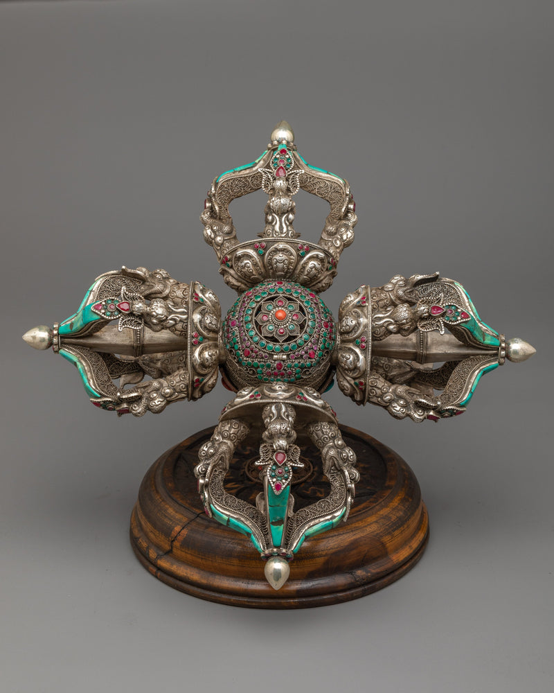 Vishwa Vajra | Double Vajra with Stand | Silver Body with Embedded Stones