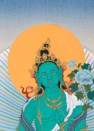 Green Tara Brocade Thangka | Female Bodhisattva | Awakened Buddha