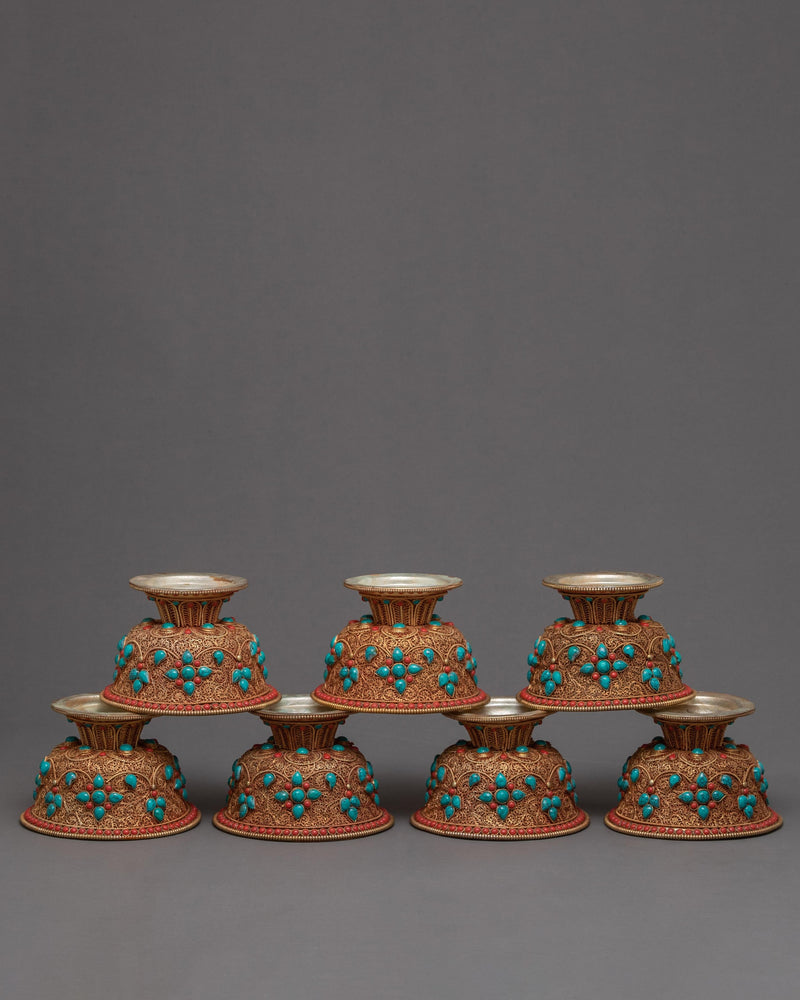 Seven Offering Bowls | Tibetan Copper Bowls with Filigree Carving |Buddhist Altar Offerings